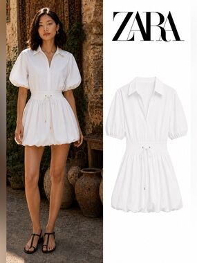 Zara White Poplin Bubble Hem Mini Dress NWT Size L